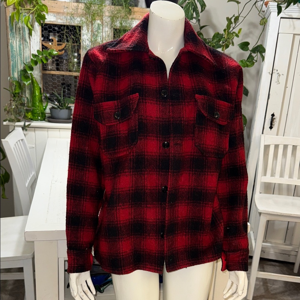 VTG 80s Thermo King Red and Black Plaid Wool Button-Up Shacket